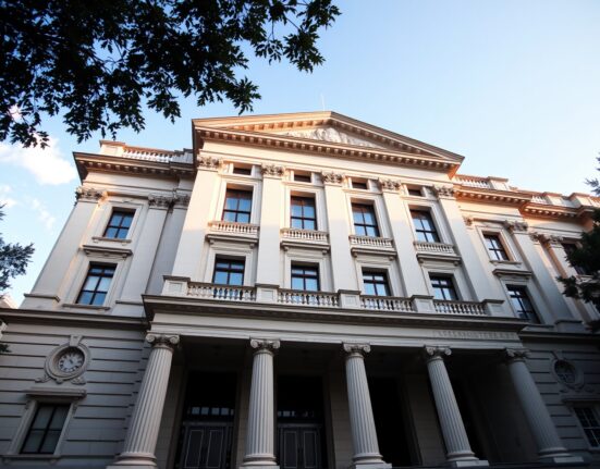 Exterior of the Mexican Ministry of Finance building in Mexico City on a sunny day