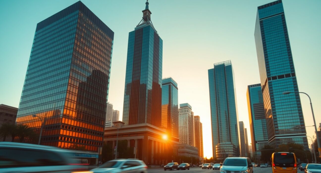 Mexico City skyline at sunset with modern skyscrapers reflecting golden light