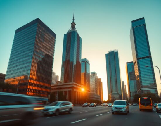Mexico City skyline at sunset with modern skyscrapers reflecting golden light