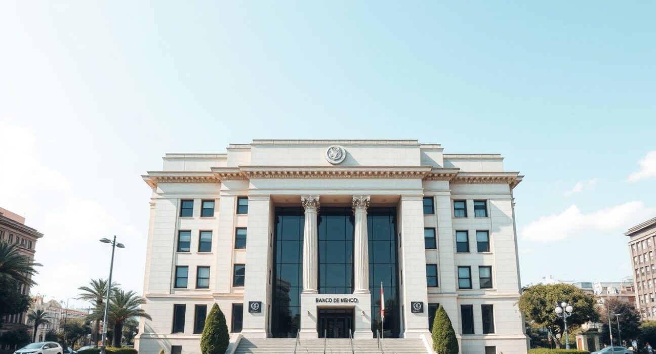 Exterior of the Bank of Mexico building in Mexico City on a sunny day