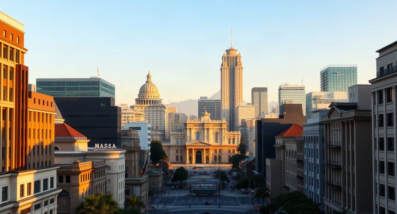 Mexico City financial district skyline at sunrise, representing economic activity.