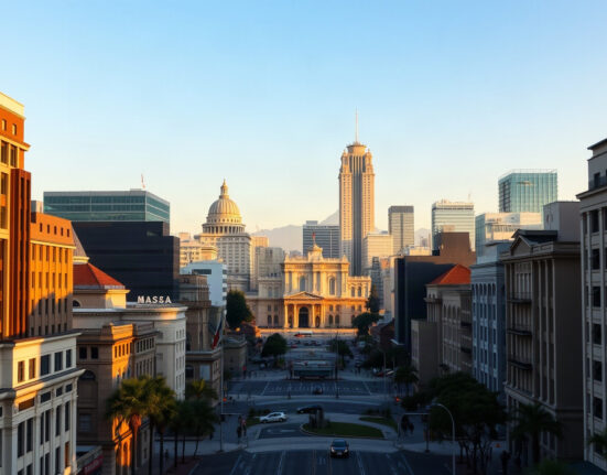 Mexico City financial district skyline at sunrise, representing economic activity.