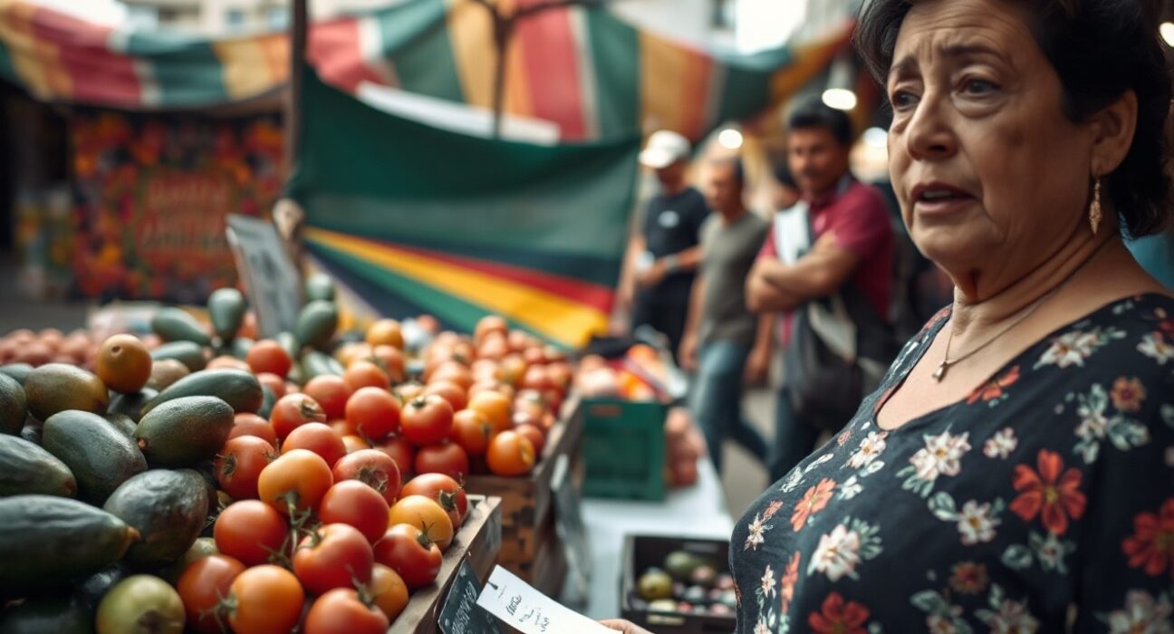 Shopper examining prices at a market stall in Mexico City amid easing inflation