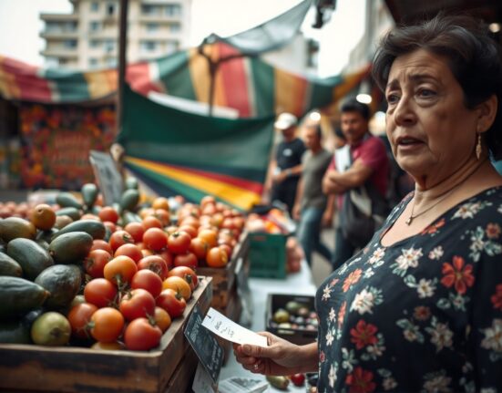 Shopper examining prices at a market stall in Mexico City amid easing inflation