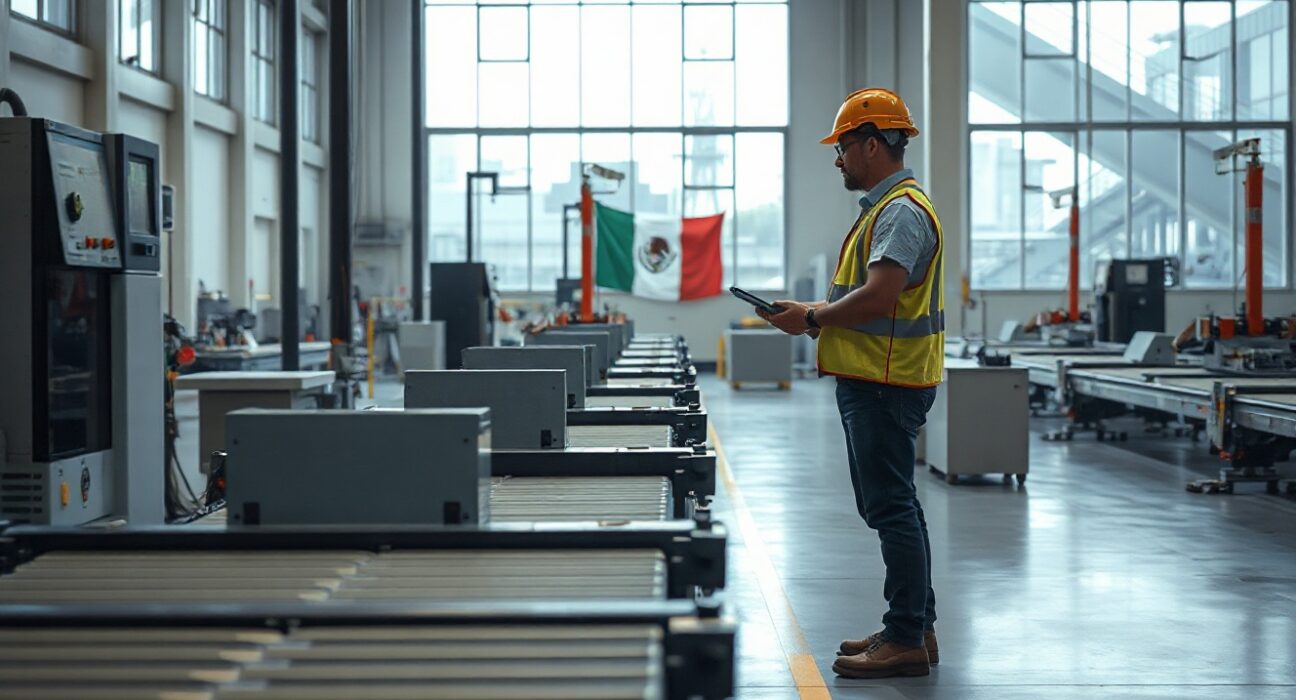Worker in a Mexican factory monitoring machinery, representing industrial output growth