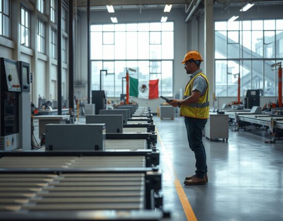 Worker in a Mexican factory monitoring machinery, representing industrial output growth