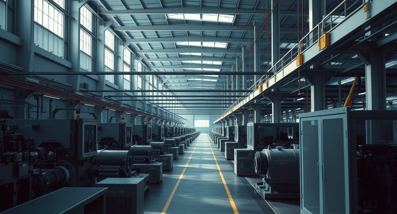 Interior of a large Mexican industrial factory with machinery and assembly lines, representing manufacturing output decline.