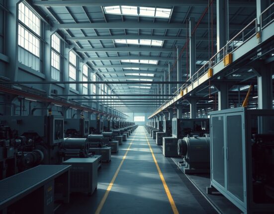 Interior of a large Mexican industrial factory with machinery and assembly lines, representing manufacturing output decline.