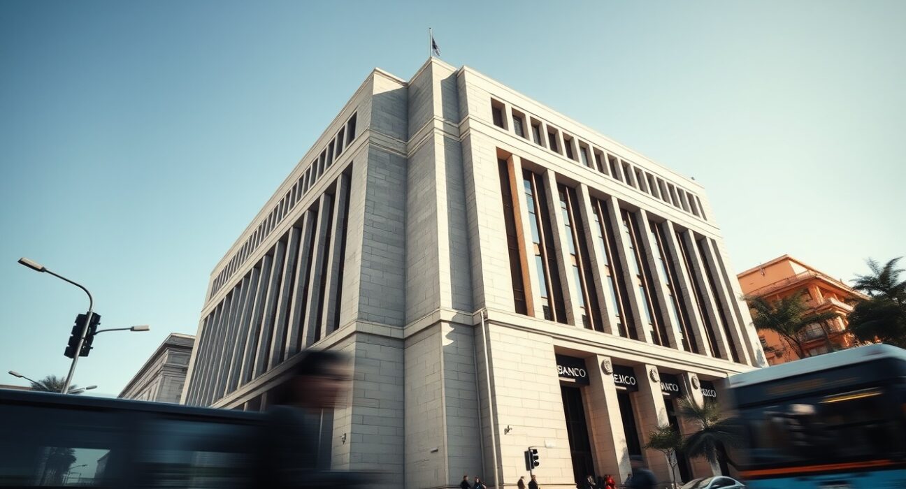 Banco de México headquarters in Mexico City, with a clear sky, representing the central bank's role in inflation.