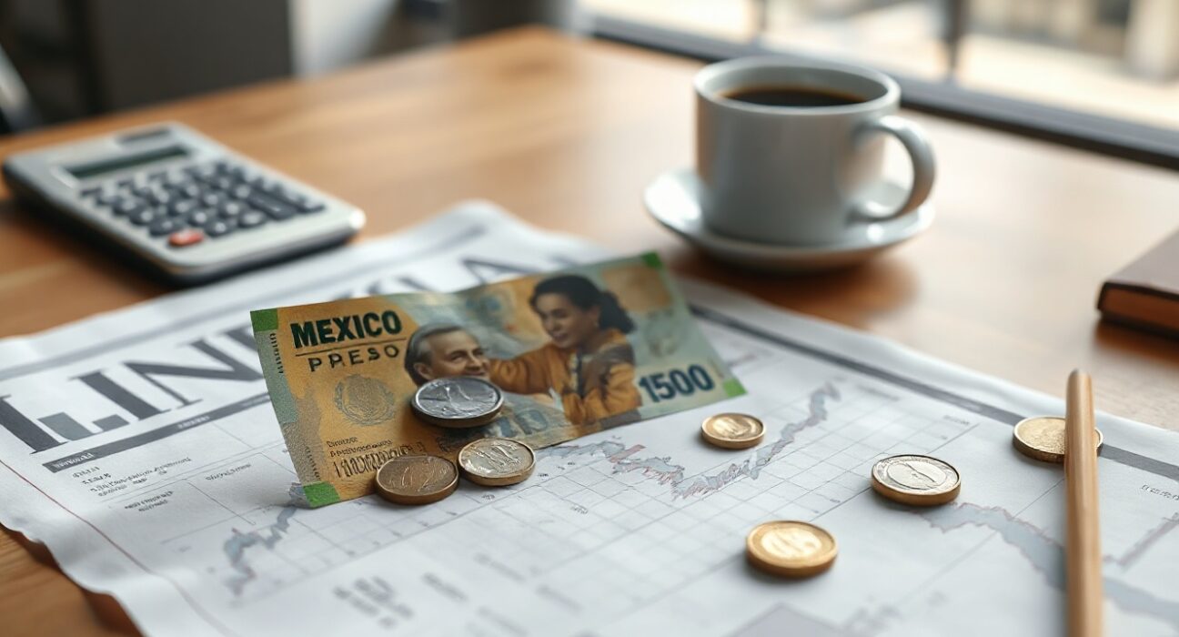 Mexican peso banknote and coins on a financial newspaper with calculator and coffee cup
