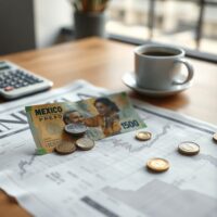 Mexican peso banknote and coins on a financial newspaper with calculator and coffee cup