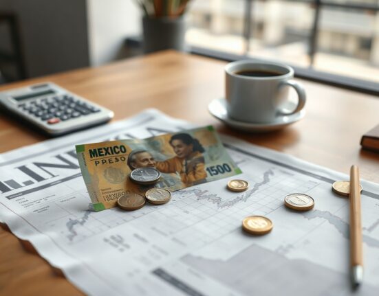 Mexican peso banknote and coins on a financial newspaper with calculator and coffee cup