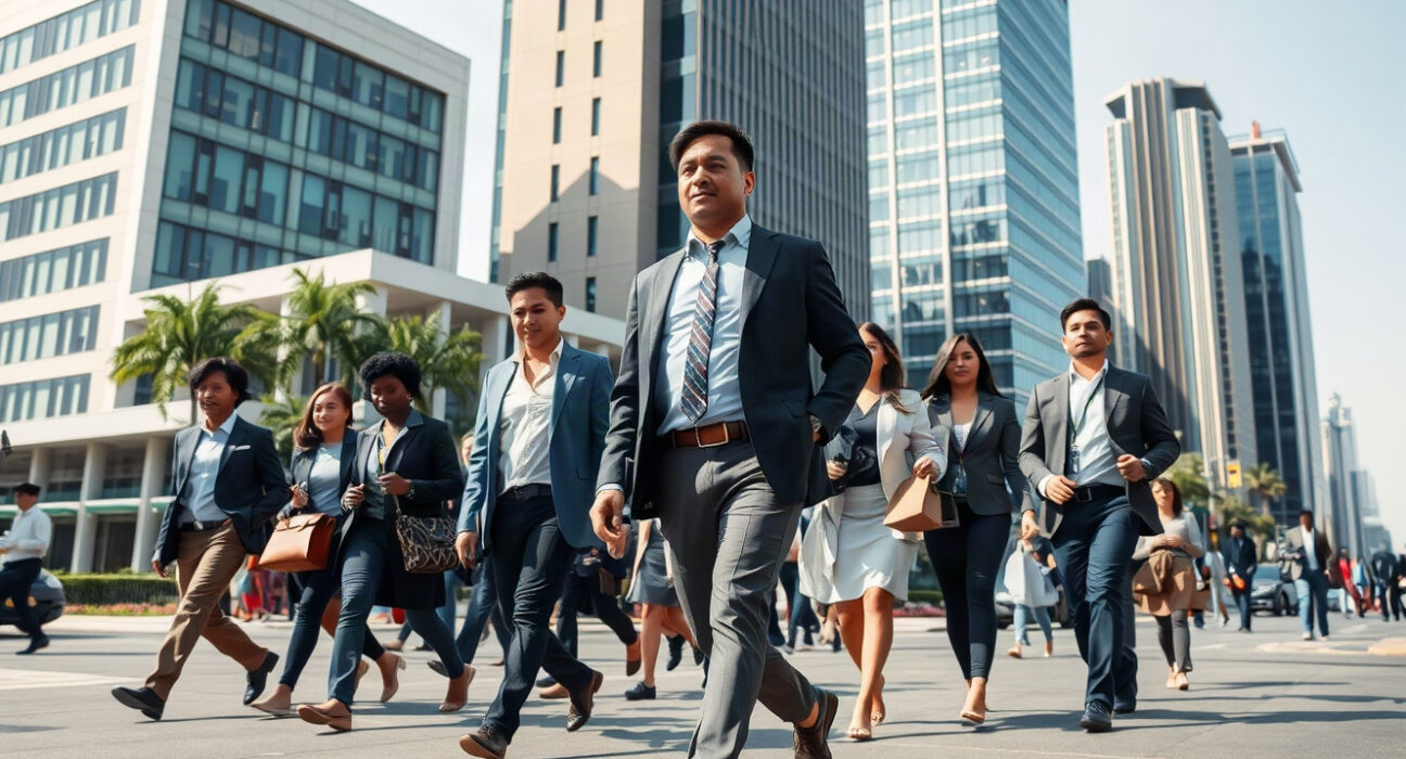 Workers walking in a Mexican city street with office buildings in background, representing labor market conditions.