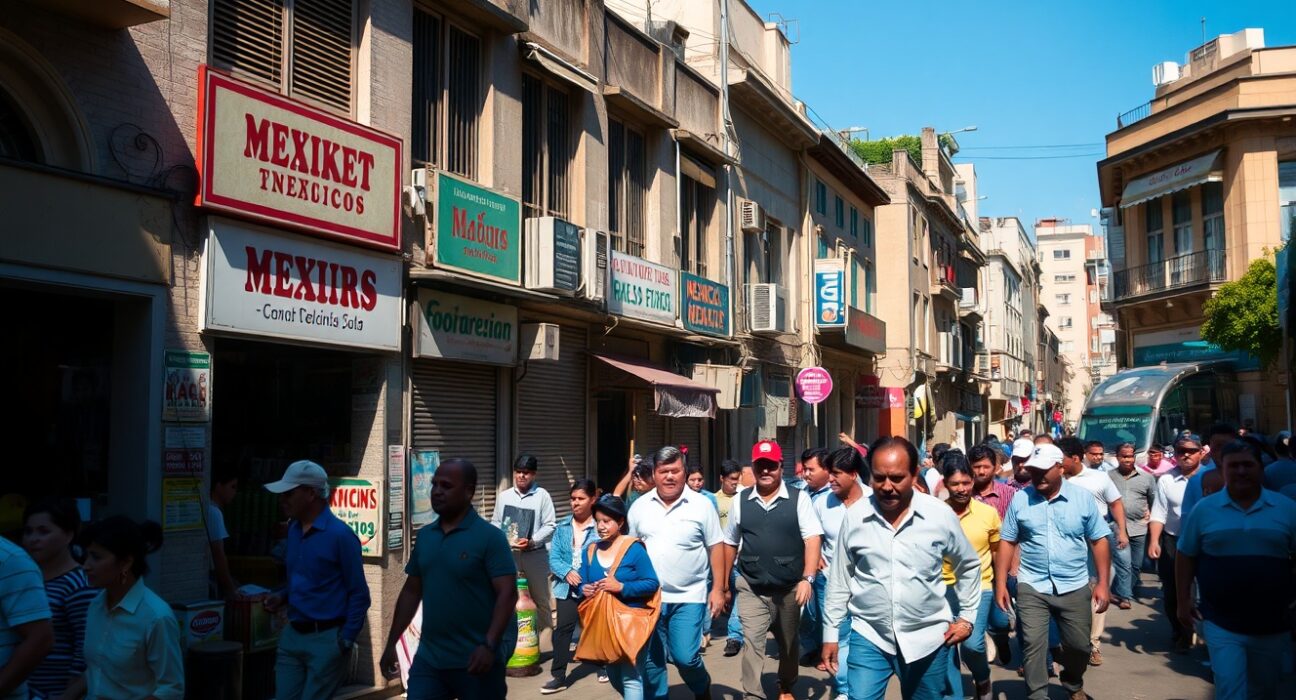 Busy street scene in Mexico City with workers and pedestrians