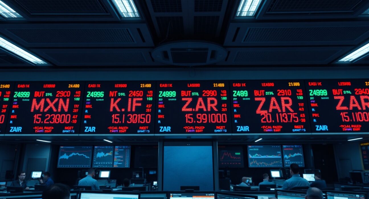 Foreign exchange trading floor in Mexico City showing MXN/ZAR currency rates on digital screens.