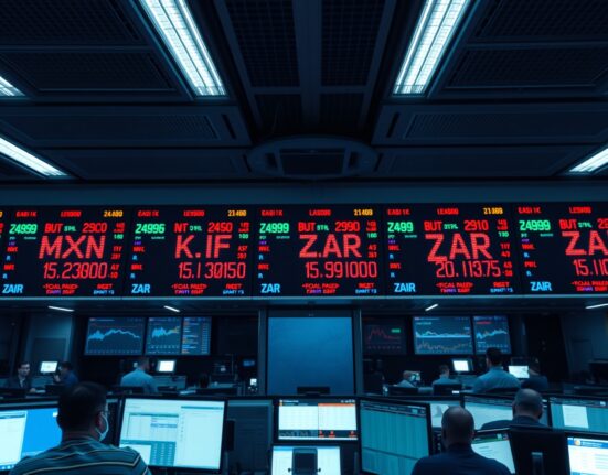 Foreign exchange trading floor in Mexico City showing MXN/ZAR currency rates on digital screens.