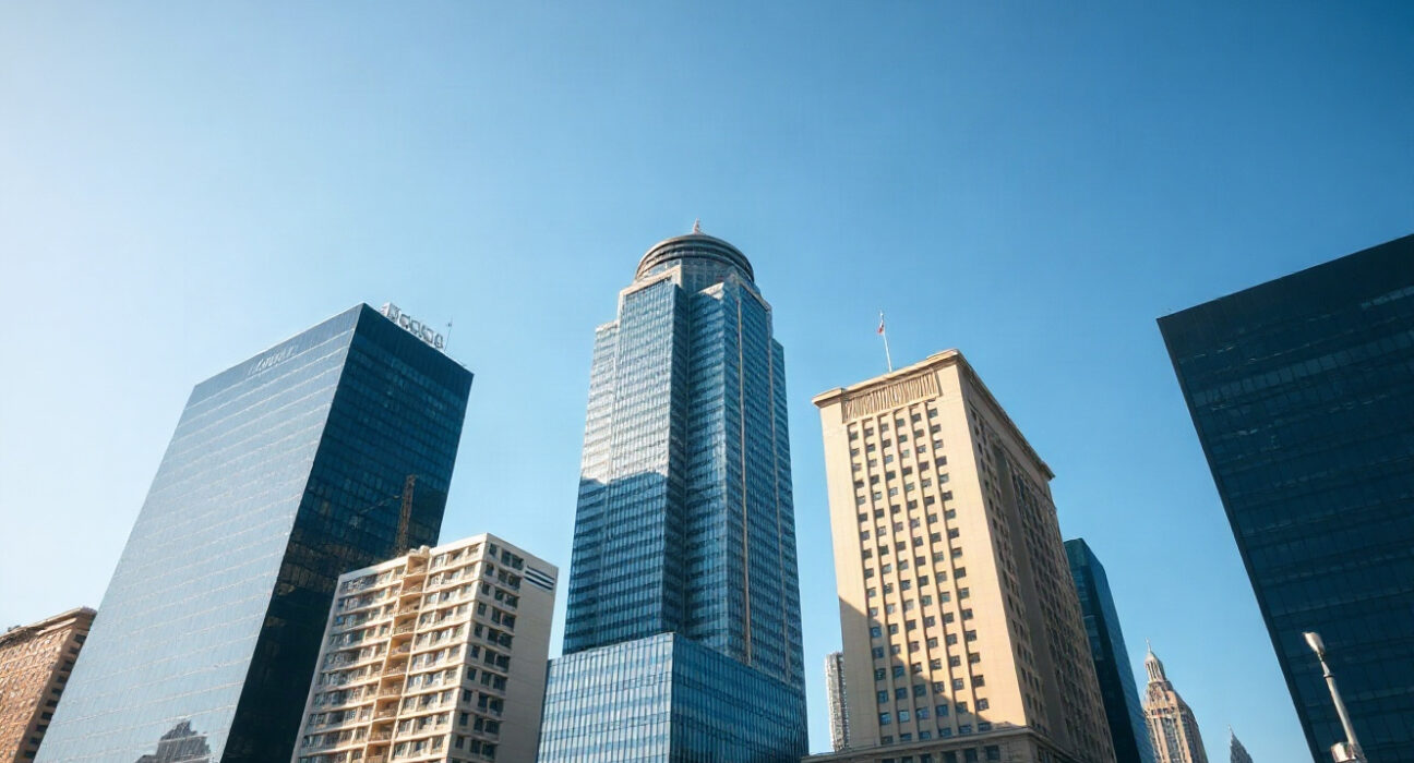 Mexico City skyline with modern skyscrapers under a clear sky, symbolizing economic activity.