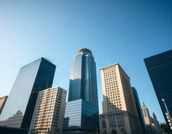 Mexico City skyline with modern skyscrapers under a clear sky, symbolizing economic activity.