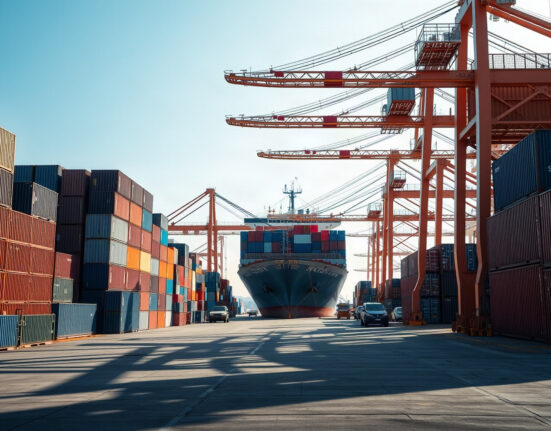 Cargo containers at a Mexican port, representing trade activity.