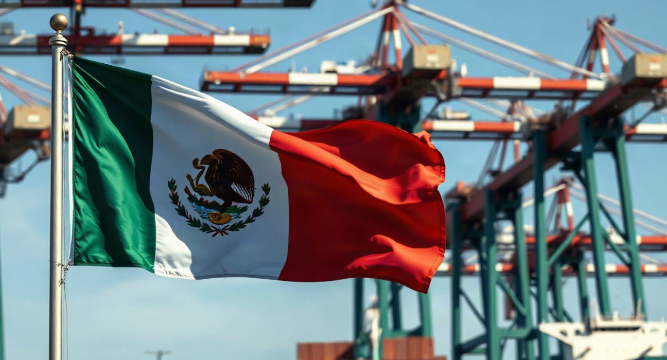 Mexican flag at a commercial port with cargo ships, representing trade activity.