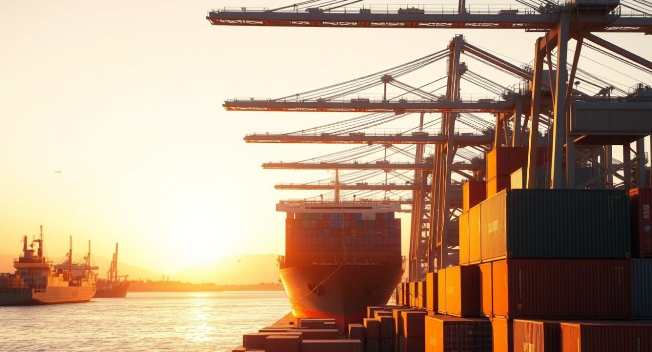 Container ship being loaded at a Mexican port during sunset, representing trade activity