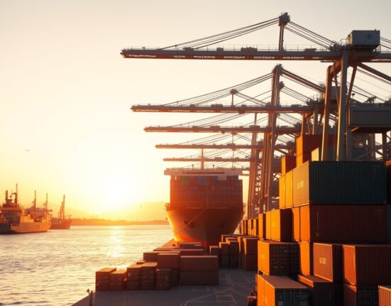 Container ship being loaded at a Mexican port during sunset, representing trade activity