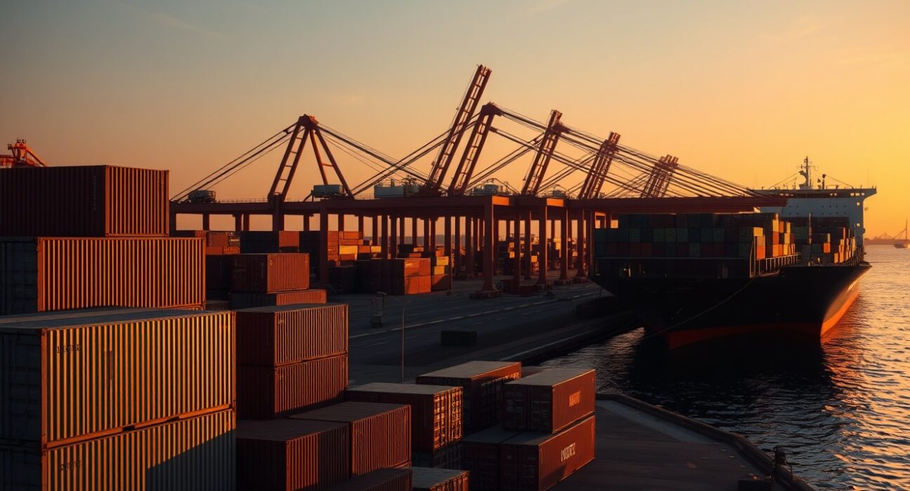 Aerial view of a busy commercial port in Mexico with cargo containers and a container ship being unloaded at sunset.