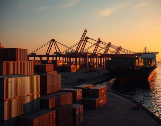 Aerial view of a busy commercial port in Mexico with cargo containers and a container ship being unloaded at sunset.