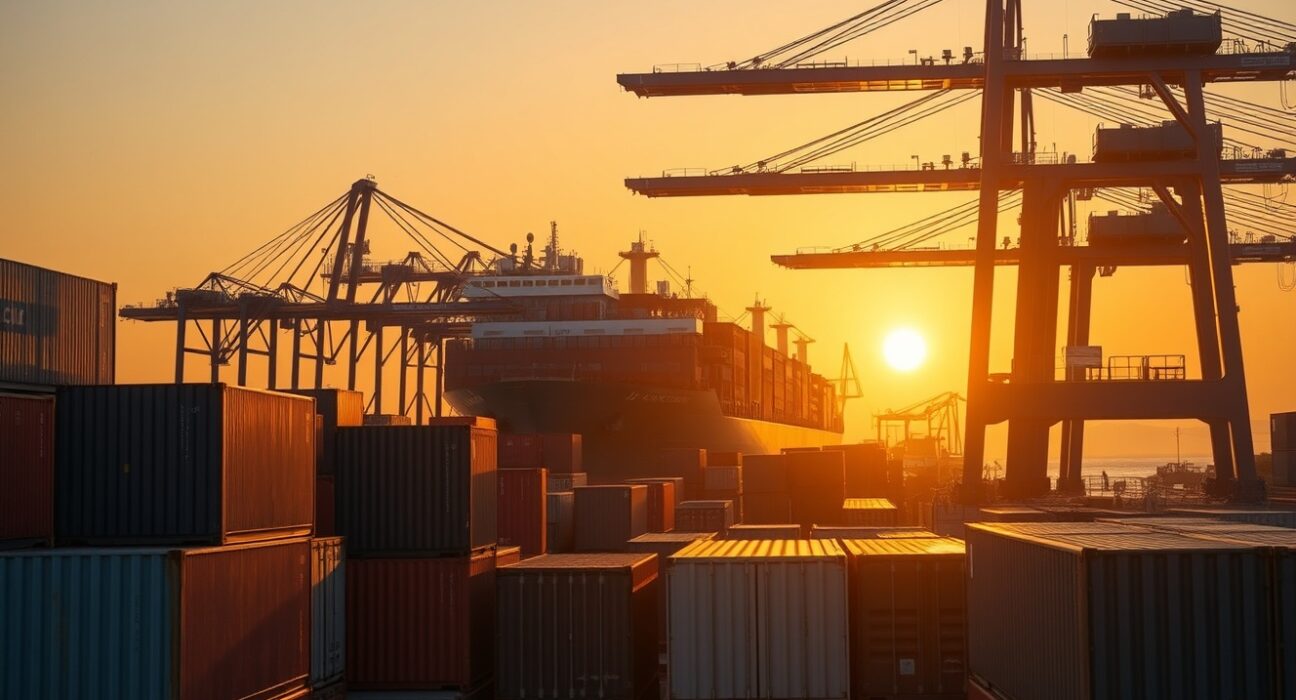Busy cargo port in Mexico with container ship and stacked shipping containers at sunset