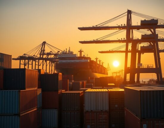 Busy cargo port in Mexico with container ship and stacked shipping containers at sunset