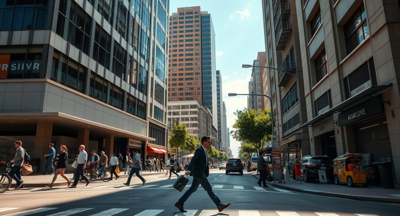 Busy Mexico City street with pedestrians and office buildings on a sunny weekday afternoon