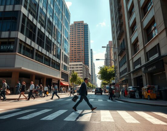 Busy Mexico City street with pedestrians and office buildings on a sunny weekday afternoon
