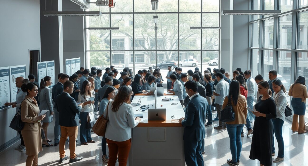 Job fair in a modern Mexican city with people holding resumes near an information desk