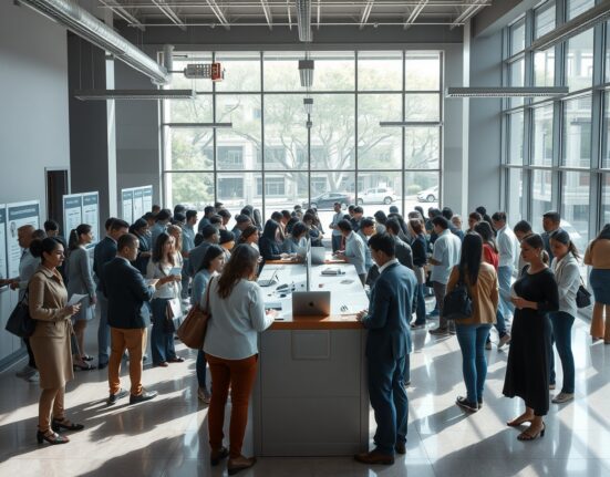 Job fair in a modern Mexican city with people holding resumes near an information desk