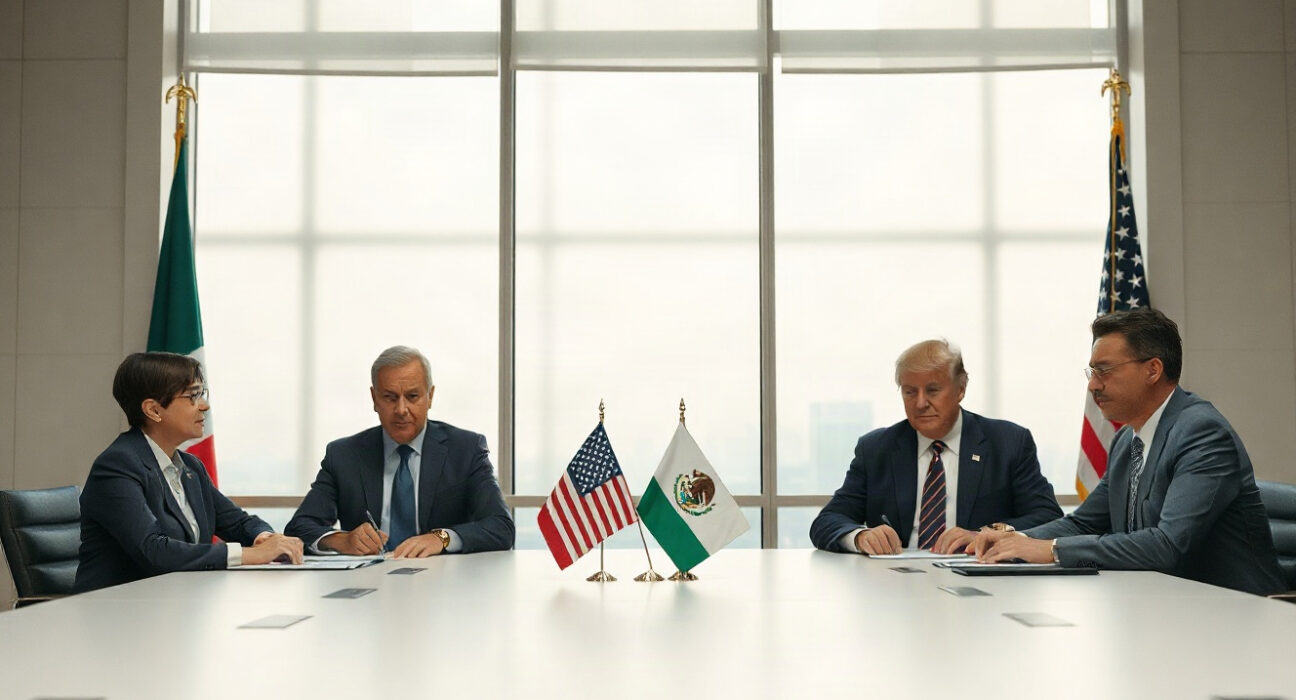 Trade negotiators from Mexico and the US in a formal meeting room.