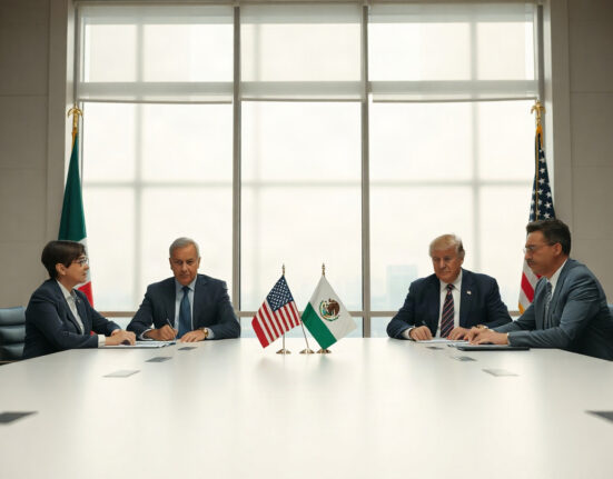 Trade negotiators from Mexico and the US in a formal meeting room.