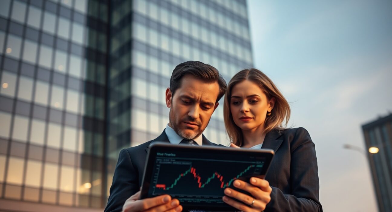 Two professionals in a European city discussing crypto regulation on a tablet