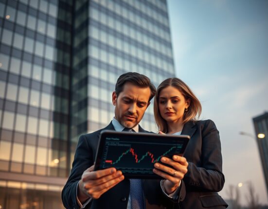 Two professionals in a European city discussing crypto regulation on a tablet