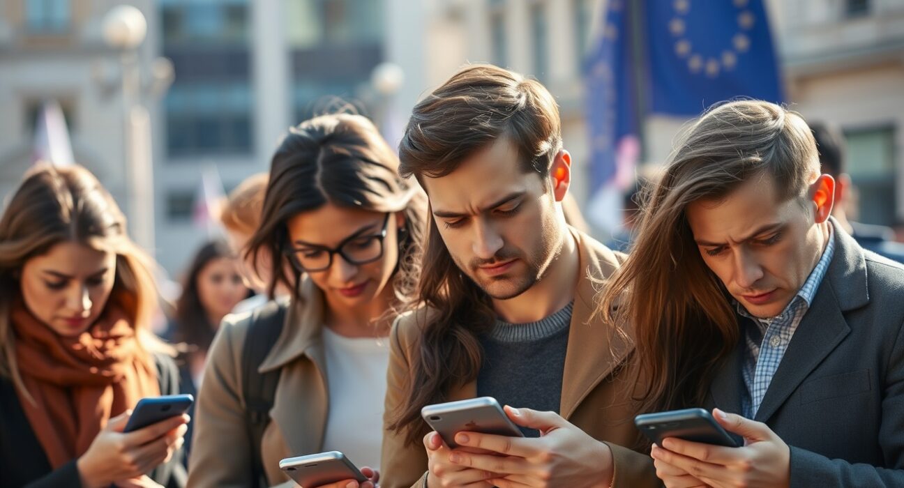 European crypto users checking phones with worried expressions in a city square