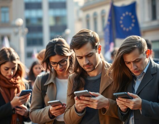 European crypto users checking phones with worried expressions in a city square