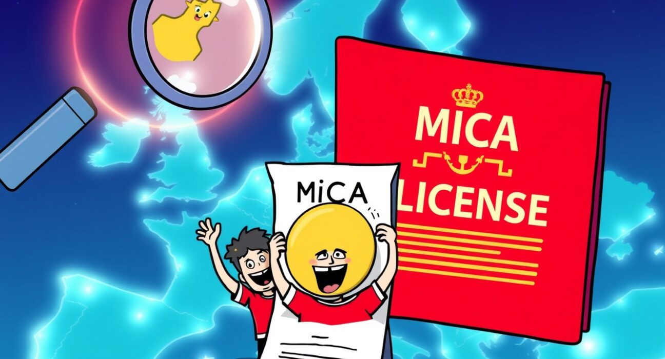 A cartoon illustration depicting Socios.com's significant achievement of obtaining the MiCA license, opening EU crypto services.