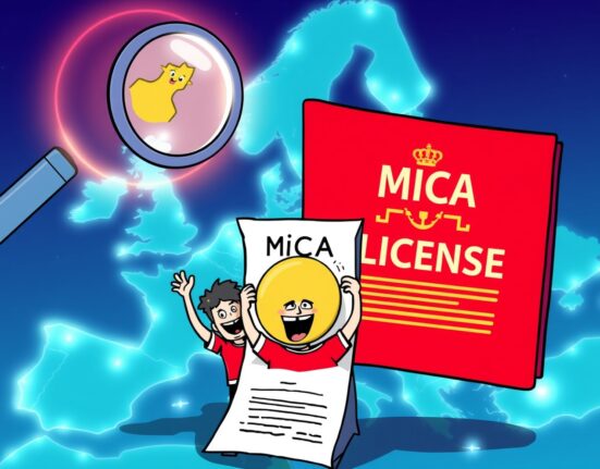 A cartoon illustration depicting Socios.com's significant achievement of obtaining the MiCA license, opening EU crypto services.