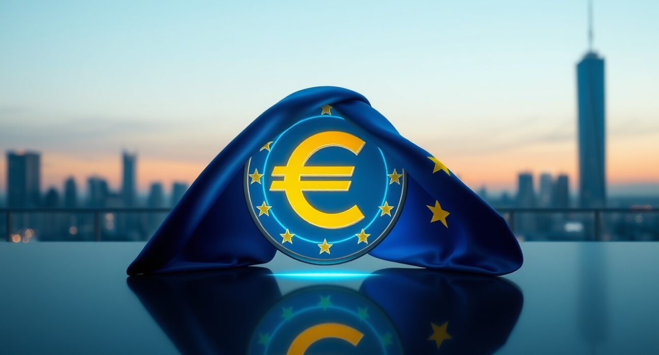 A glowing euro stablecoin partially draped with the European Union flag, symbolizing MiCA regulation's impact on euro stablecoin competitiveness.