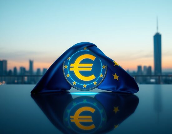 A glowing euro stablecoin partially draped with the European Union flag, symbolizing MiCA regulation's impact on euro stablecoin competitiveness.