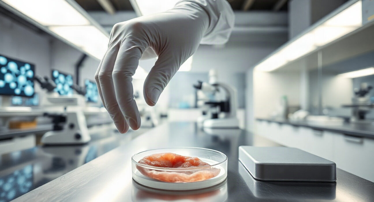 A scientist in a lab handling a petri dish with living human skin for research at Outer Biosciences.