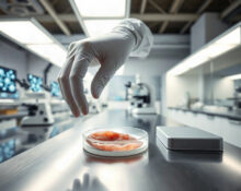 A scientist in a lab handling a petri dish with living human skin for research at Outer Biosciences.