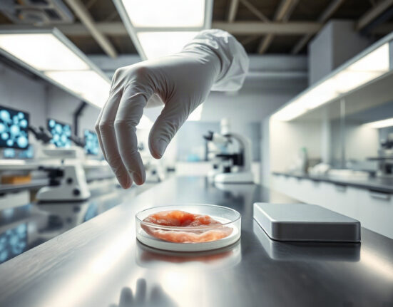 A scientist in a lab handling a petri dish with living human skin for research at Outer Biosciences.