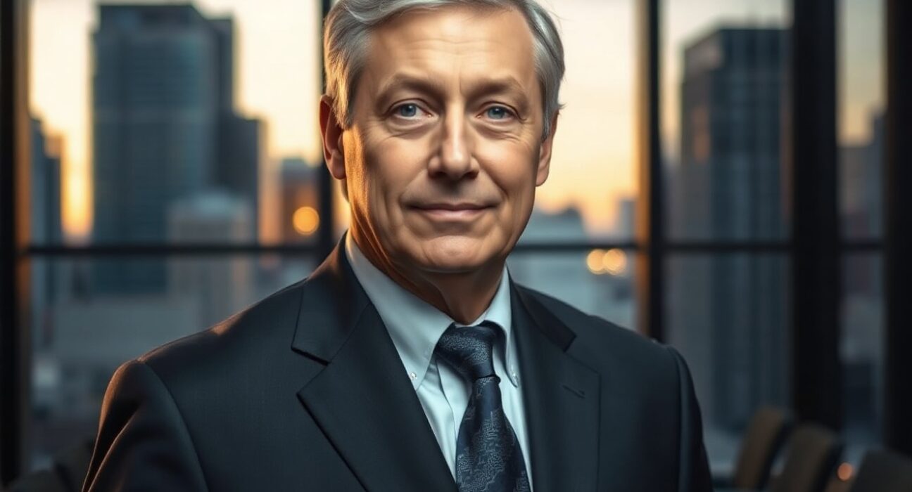 Michael Saylor standing in a corporate boardroom, representing Strategy's Bitcoin exposure through stock ownership
