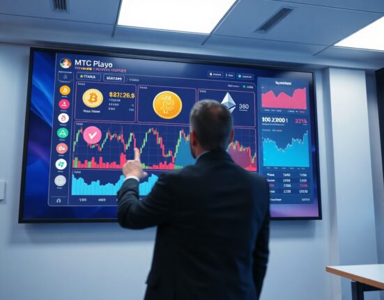 Analyst pointing at cryptocurrency dashboard showing altcoin market data