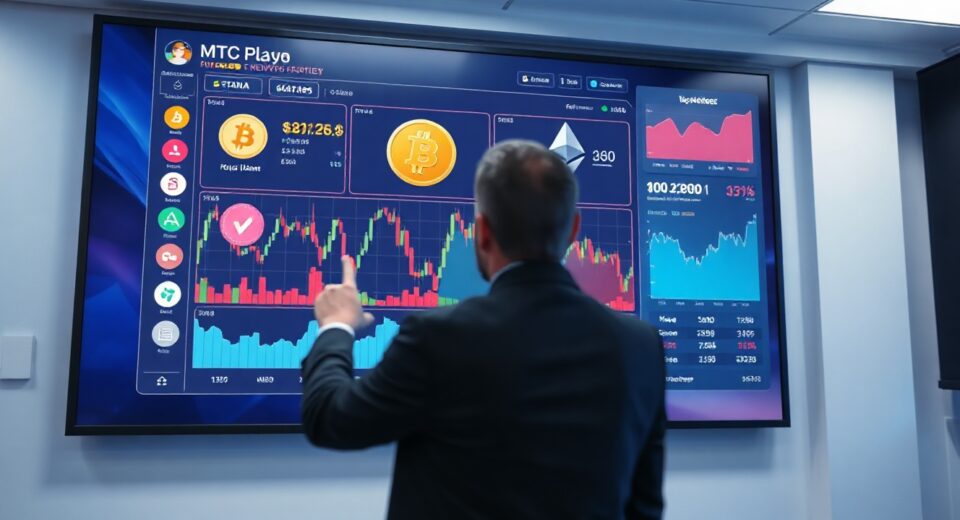 Analyst pointing at cryptocurrency dashboard showing altcoin market data